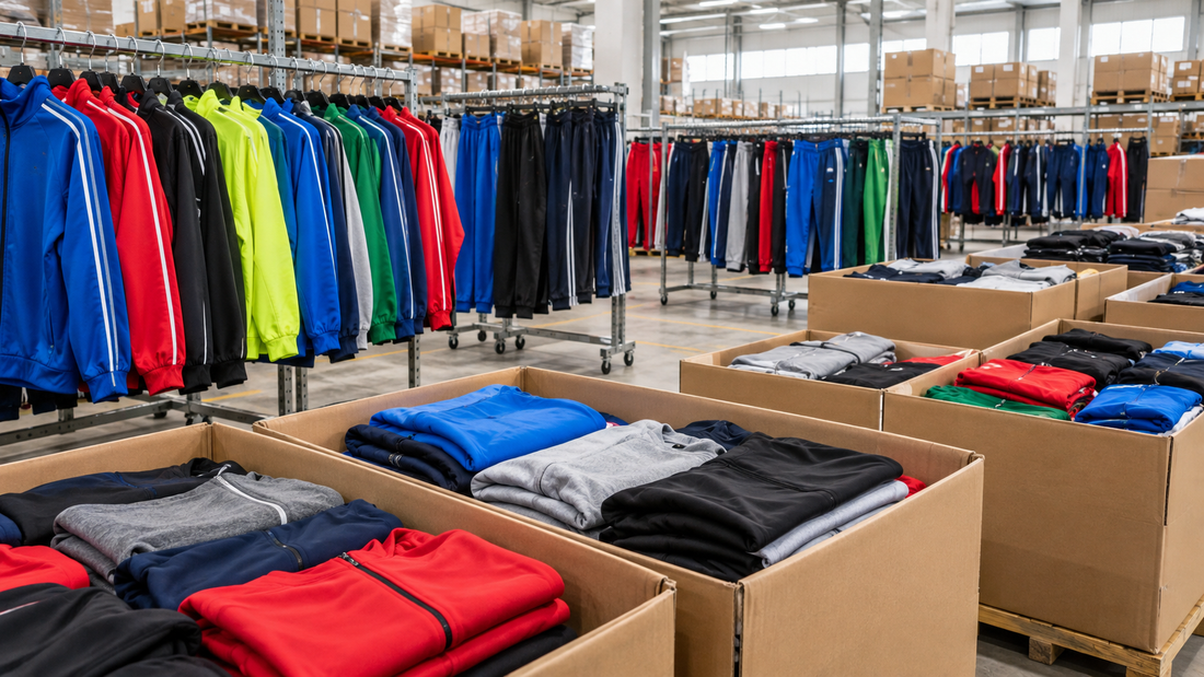 Entrepôt de grossiste avec des portants de vestes de survêtement zippées et de joggings de toutes les couleurs et des cartons de sweats et de vestes de sport pliés sur palettes : le stock d'un grossiste de vêtements de sport