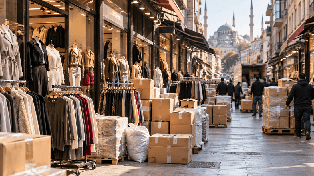 Rue commerçante d'un quartier de gros d'Istanbul bordée de showrooms de vêtements, avec des portants de manteaux et de pulls, des cartons sur palettes et une mosquée aux minarets au fond : acheter chez un grossiste de vêtements en Turquie