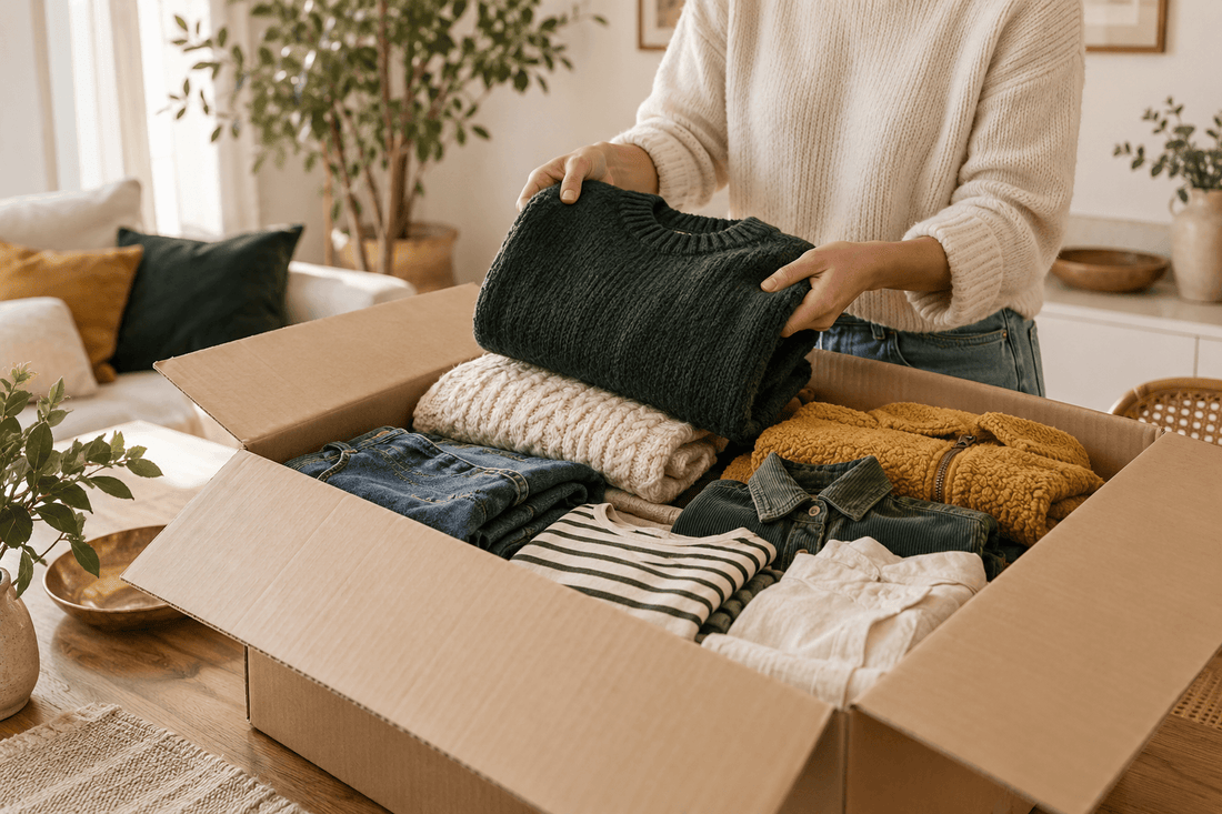 Particulier qui ouvre un carton de vêtements de seconde main achetés en gros