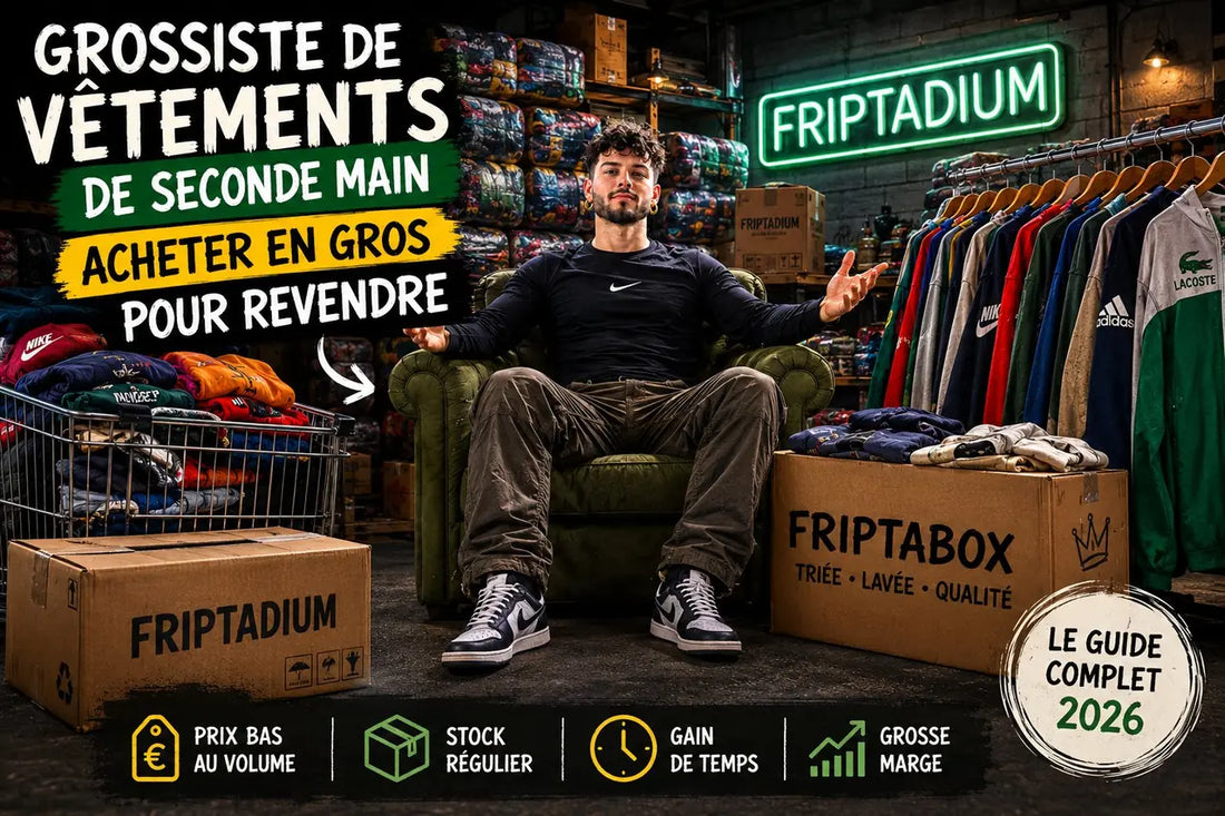 Grossiste de vêtements de seconde main Friptadium : box Friptabox et lots de vêtements de marque à acheter en gros pour revendre