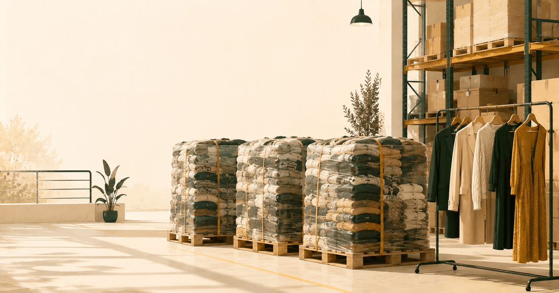 Palettes de lots de vêtements en déstockage dans un entrepôt, avis Wiltex