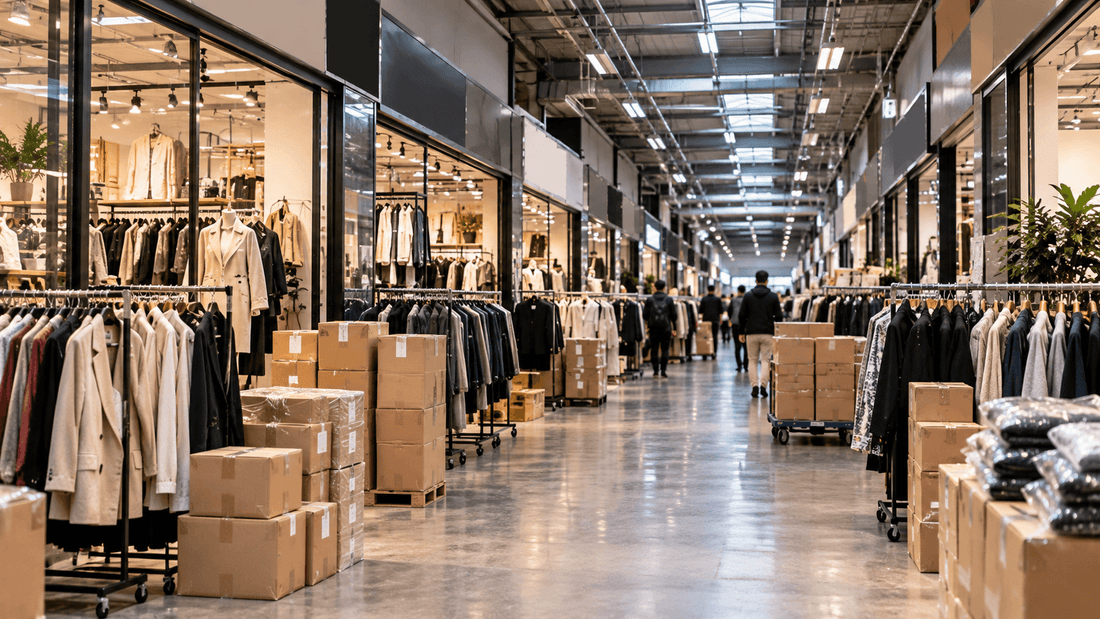 Allée intérieure d'un centre de vente en gros de mode, bordée de showrooms vitrés, de portants de manteaux et de vestes neufs, de cartons et de chariots de stock, comme chez les grossistes d'Aubervilliers