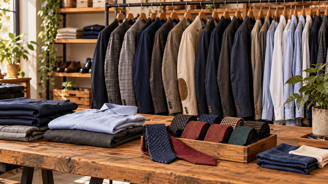Portant de vestes de costume et de blazers gris, marine, beiges et à carreaux au-dessus d'une table en bois avec des chemises pliées, des pantalons et une caisse de cravates : un vestiaire homme d'occasion