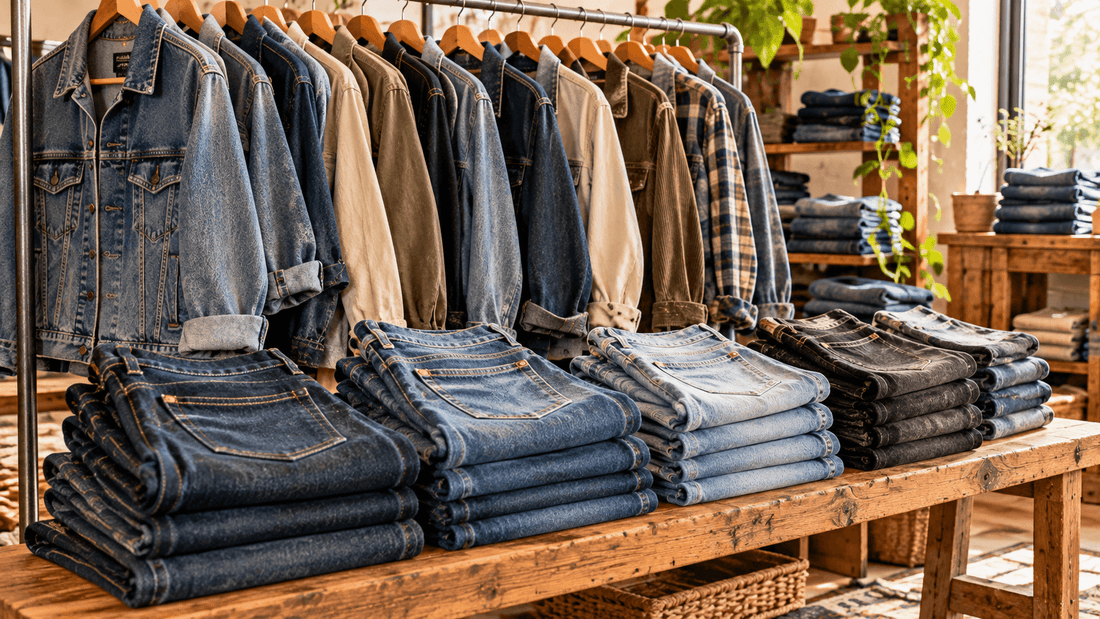 Portant de vestes en jean, de surchemises et de chemises à carreaux au-dessus d'une table en bois chargée de piles de jeans bruts, délavés et noirs : des jeans et blousons d'occasion en friperie