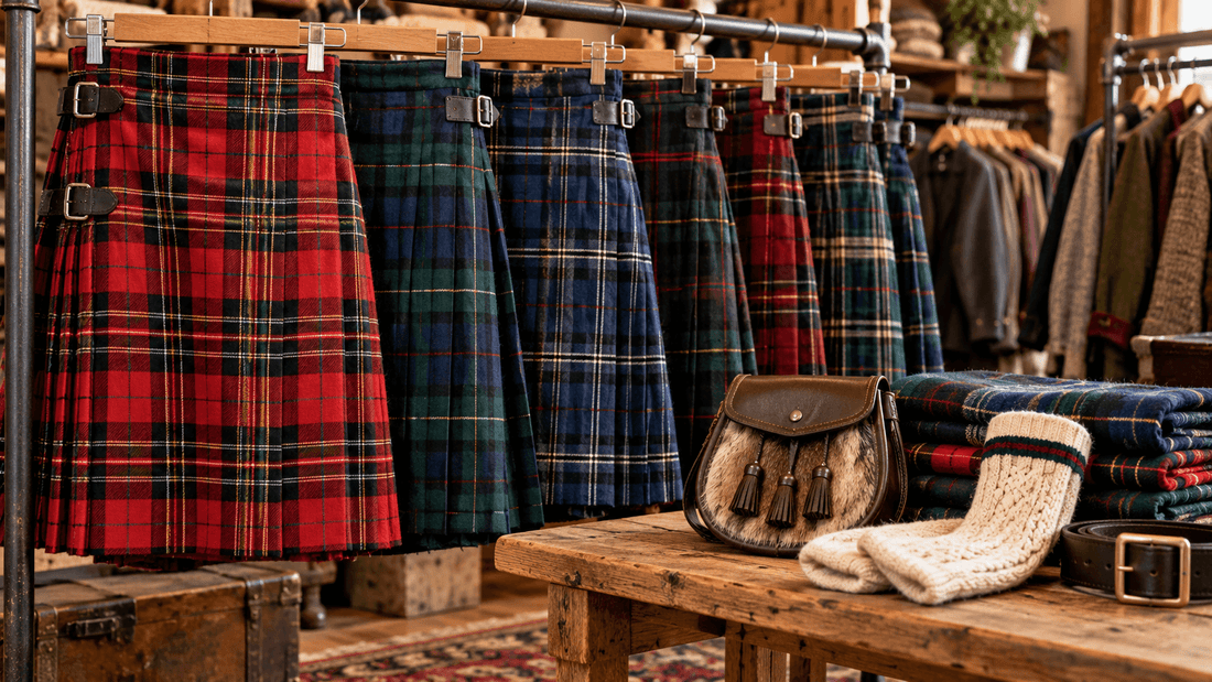 Portant de kilts en tartans rouges, verts et bleus suspendus à des pinces dans une boutique au décor de bois, avec un sporran en cuir et fourrure, des chaussettes de kilt écrues et des plaids pliés sur une table : des kilts d'occasion