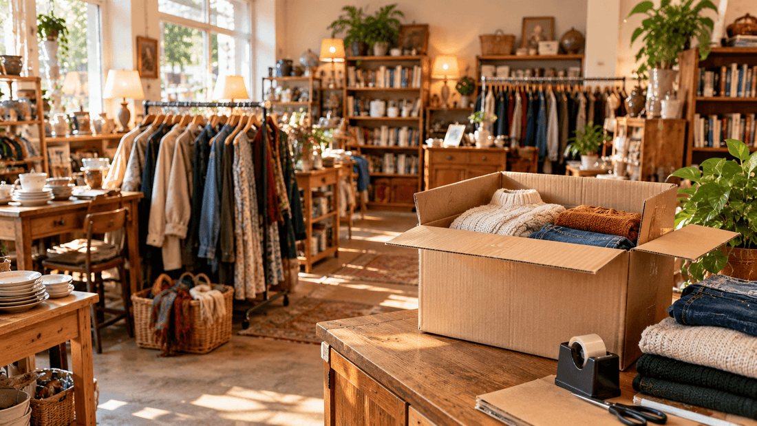 Boutique solidaire de seconde main avec portants, livres, vaisselle et carton de vêtements à expédier