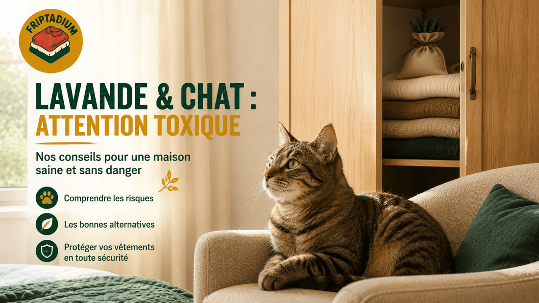 Chat paisible près d'une armoire fermée contenant un sachet de lavandin, usage sans danger