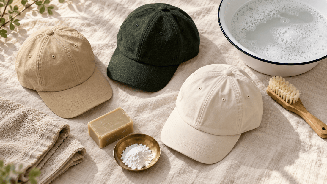 Trois casquettes en toile beige, verte et blanche avec savon, bicarbonate, brosse douce et bassine d'eau