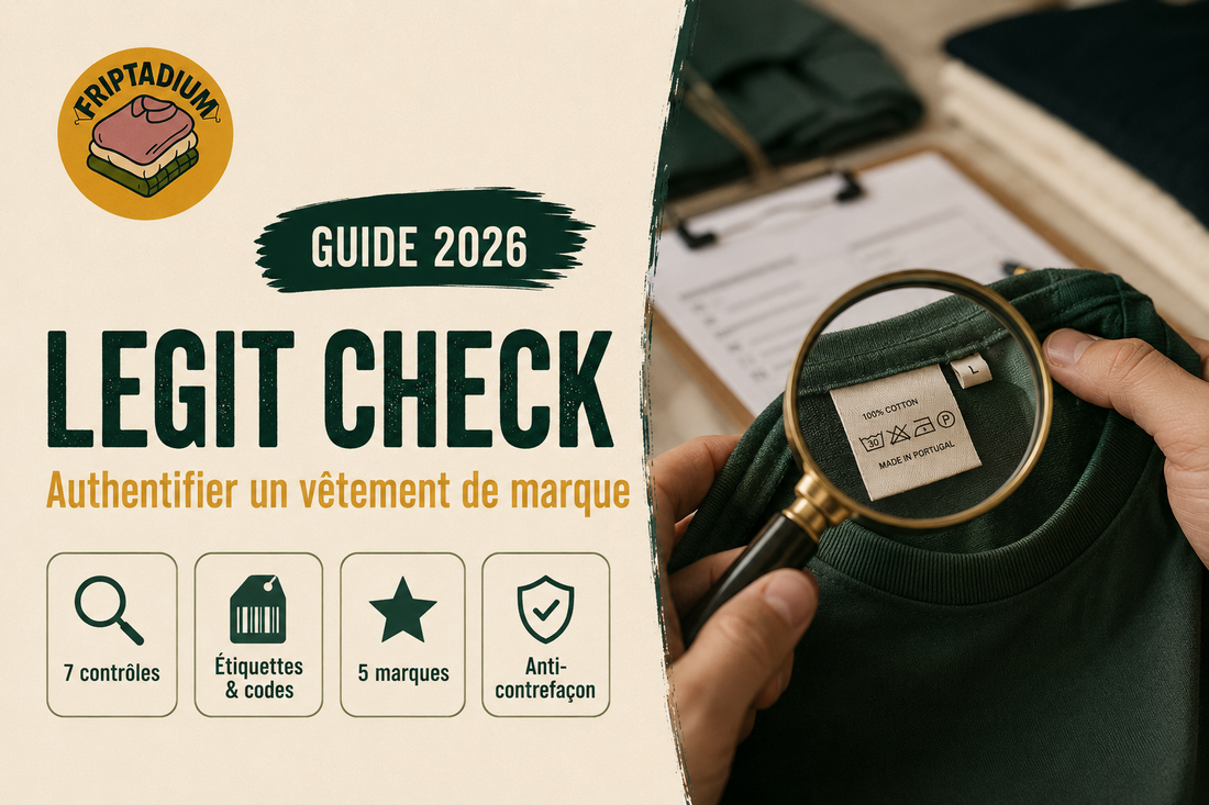 Bannière du guide legit check 2026 Friptadium : authentifier un vêtement de marque à la loupe