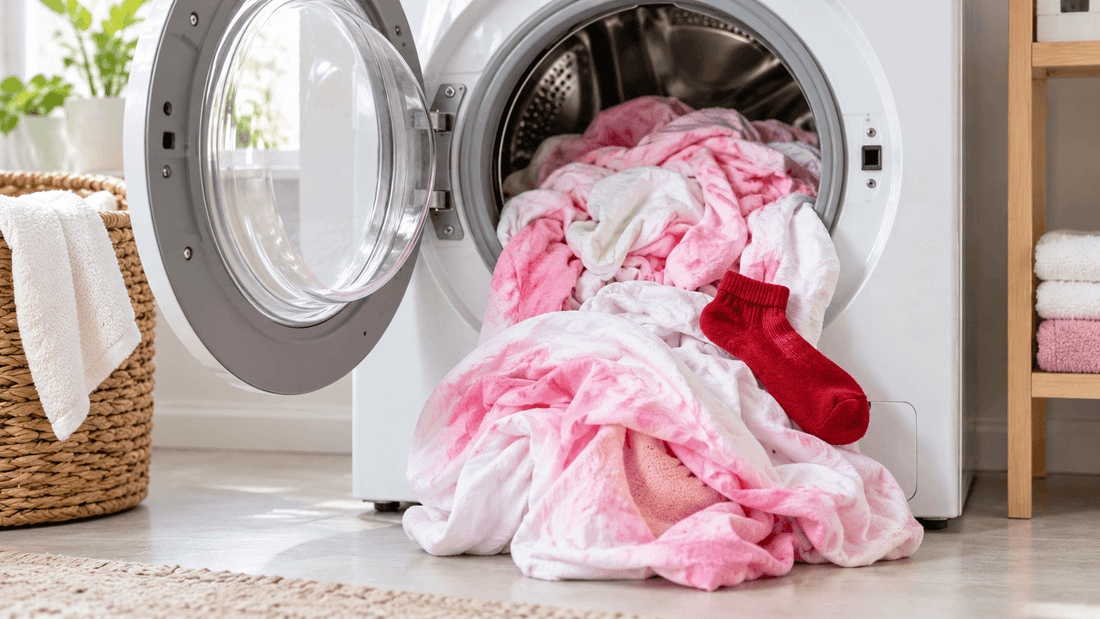 Linge blanc devenu rose qui déborde du tambour d'un lave-linge ouvert, avec une chaussette rouge au milieu, à côté d'un panier en osier et de serviettes : du linge déteint à rattraper