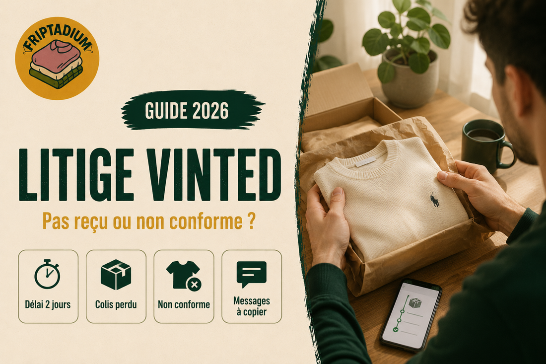 Bannière du guide litige Vinted Friptadium : article pas reçu ou non conforme, que faire