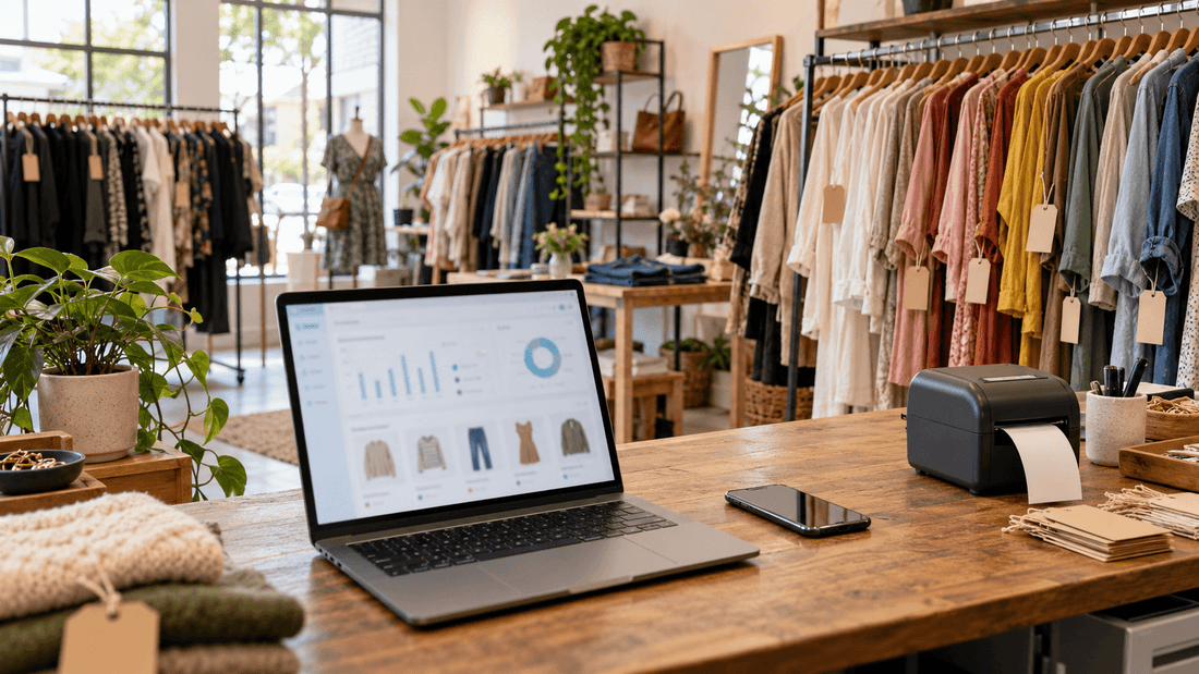 Dépôt-vente de vêtements avec ordinateur affichant un logiciel de gestion, imprimante d'étiquettes et portants
