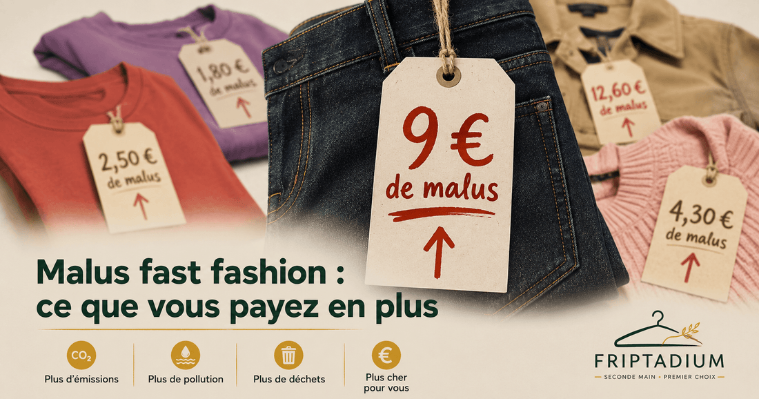 Malus fast fashion barème 2026-2030 par type de vêtement : jean 9€, manteau 12€, T-shirt 2€ - Friptadium