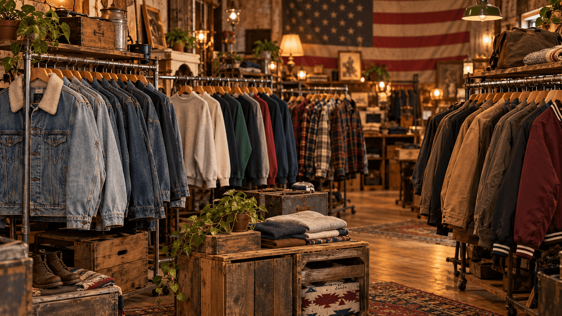 Friperie de vêtements américains vintage : vestes en jean, sweats, chemises à carreaux, vestes de travail et vestes varsity sous un drapeau américain