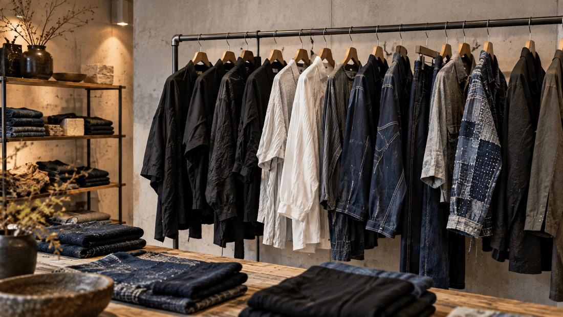 Portant de vêtements de créateurs japonais en seconde main, chemises amples, denim brut et boro patchwork