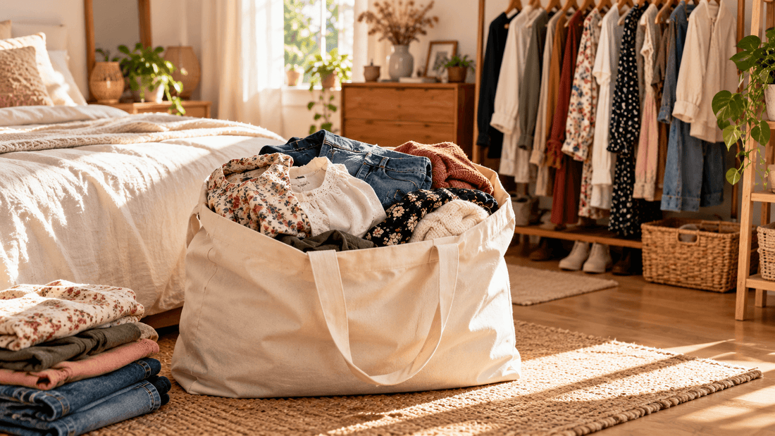 Grand sac en toile rempli de vêtements d'occasion dans une chambre, avant un envoi au rachat