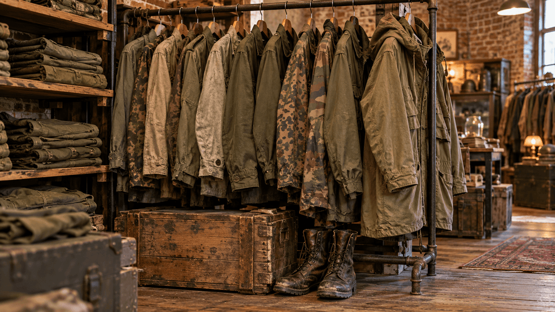 Friperie militaire avec portant de vestes de l'armée kaki et camouflage, piles de treillis et rangers