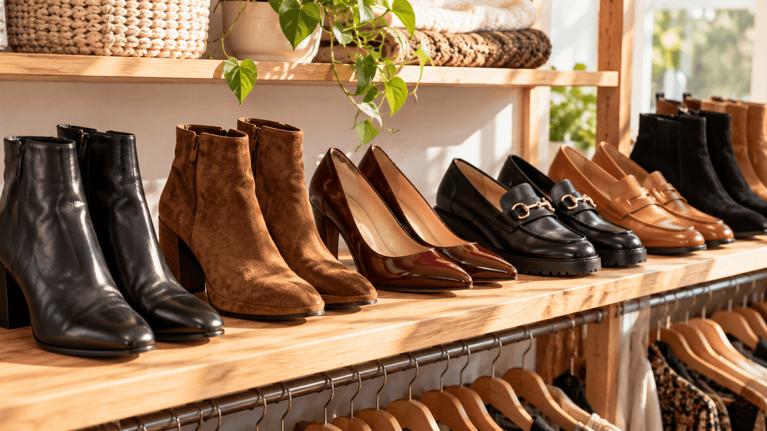 Étagère en bois de friperie avec des bottines en cuir noir, des bottines en daim camel, des escarpins vernis bordeaux, des mocassins noirs à mors et des mocassins camel : des chaussures femme d'occasion