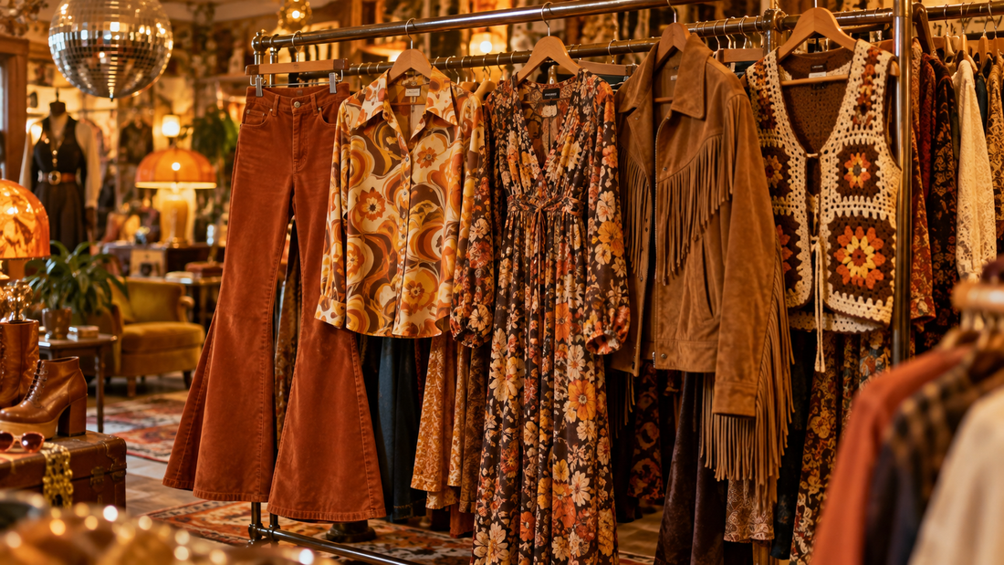 Portant de friperie avec des pièces vintage des années 70 : pattes d'éléphant, chemise à grand col et veste à franges