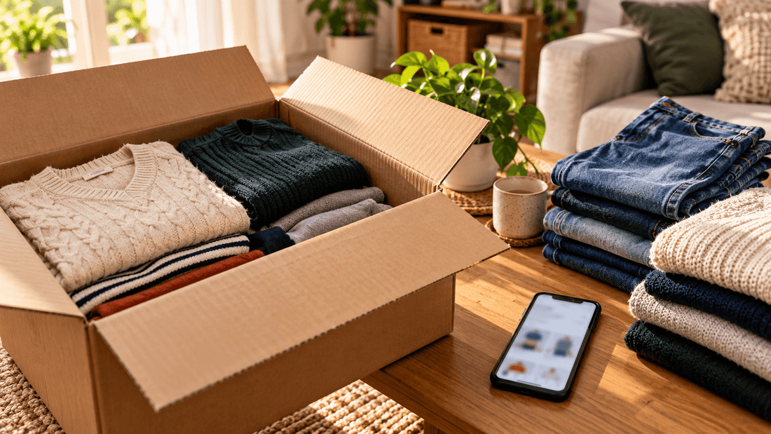 Carton ouvert rempli de pulls pliés à côté de jeans et d'un smartphone, avant le rachat