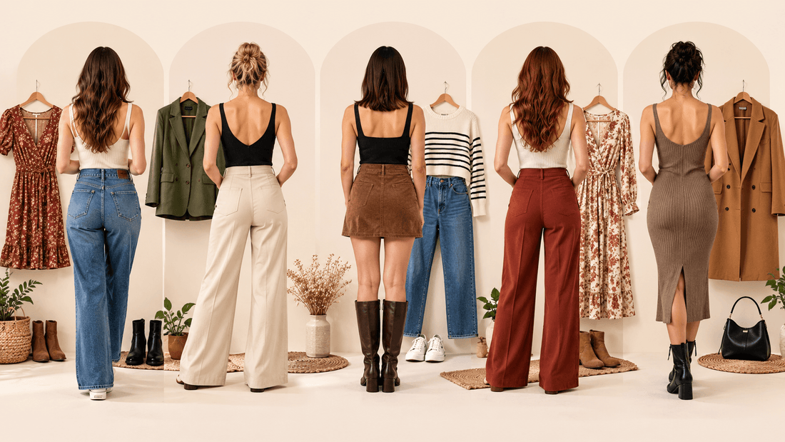 Cinq femmes de dos devant des arches crème, chacune à côté d'un vêtement sur cintre : robe fleurie, blazer vert, pull marinière, robe longue et manteau camel, pour illustrer les morphologies femme