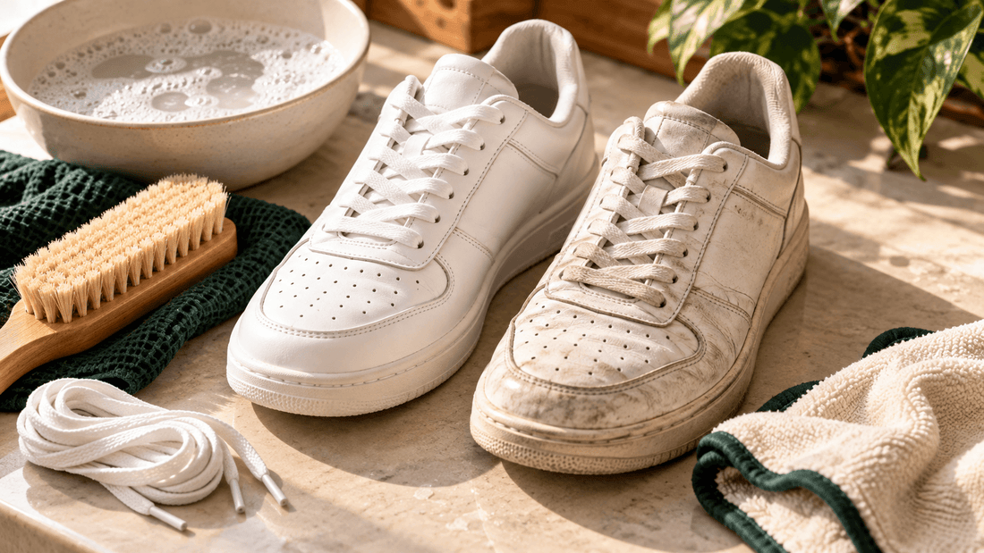Nettoyer des baskets blanches en cuir : la même paire avant et après nettoyage