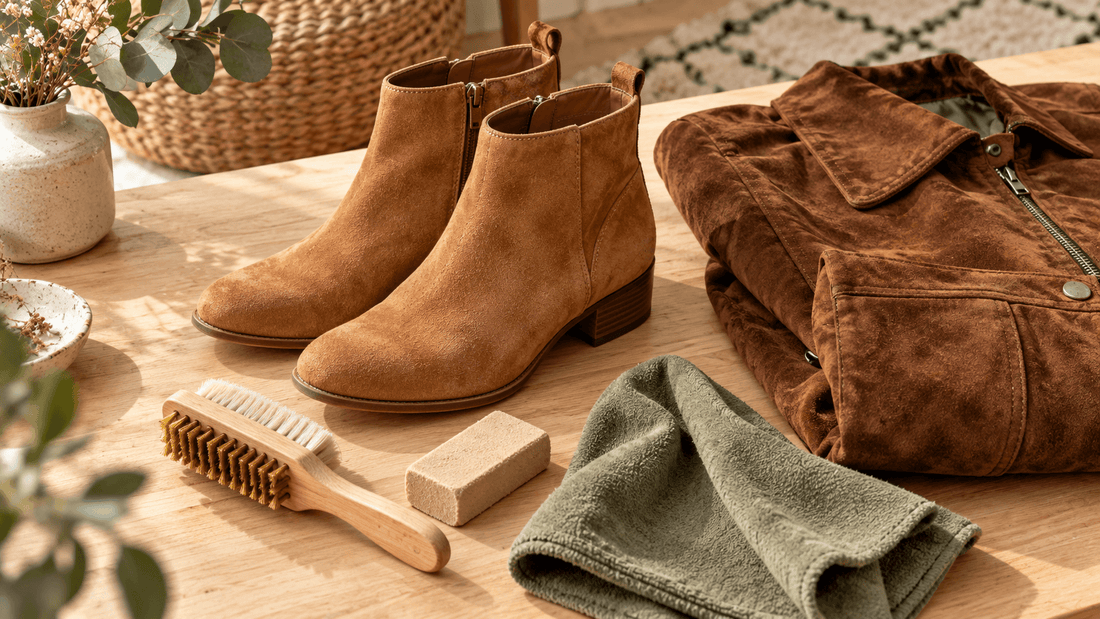 Matériel pour nettoyer le daim : brosse, gomme, chiffon, bottines et veste en daim