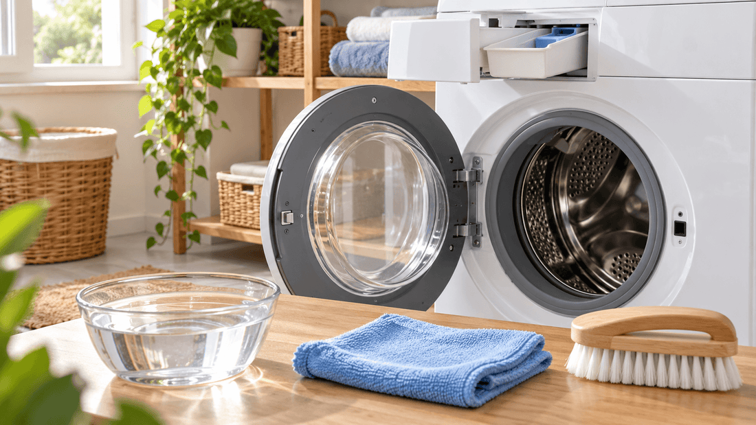 Lave-linge hublot ouvert à côté d'un bol d'eau, d'un chiffon microfibre bleu et d'une brosse en bois, bac à lessive tiré : le matériel pour nettoyer sa machine à laver