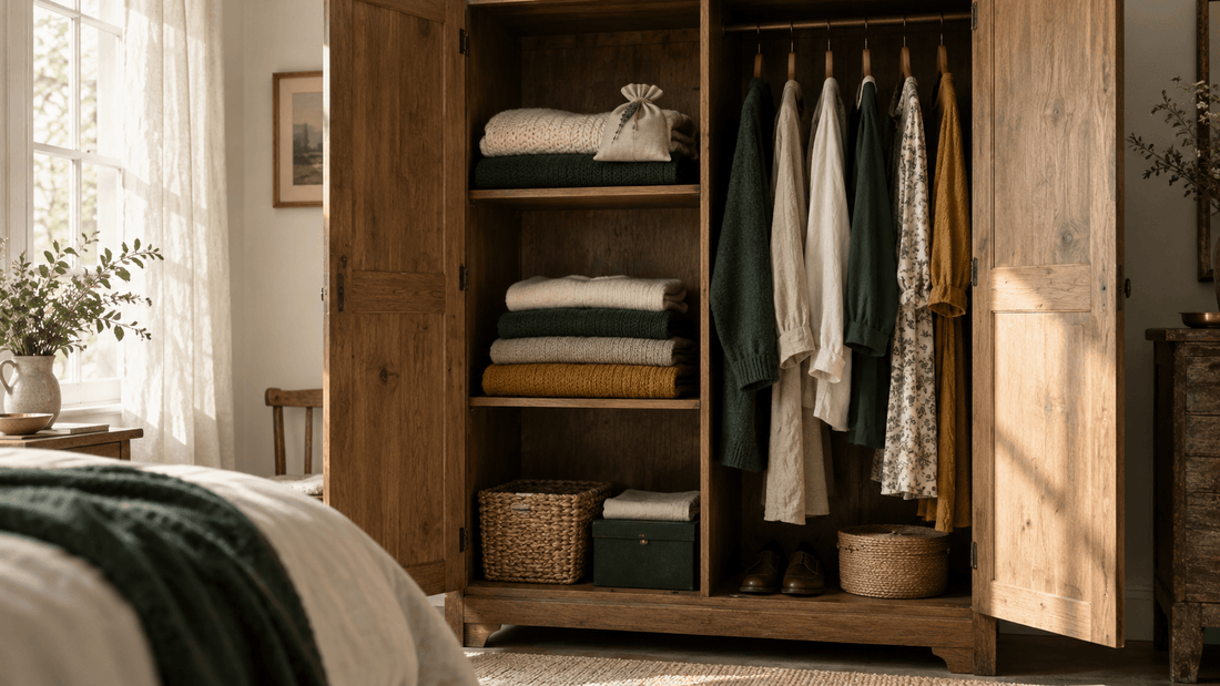 Armoire en bois ouverte et aérée avec des vêtements pliés, pour chasser l'odeur de renfermé