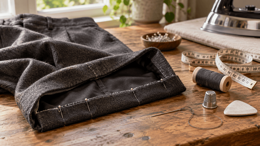 Bas de pantalon gris replié et épinglé pour un ourlet à la main, avec fil