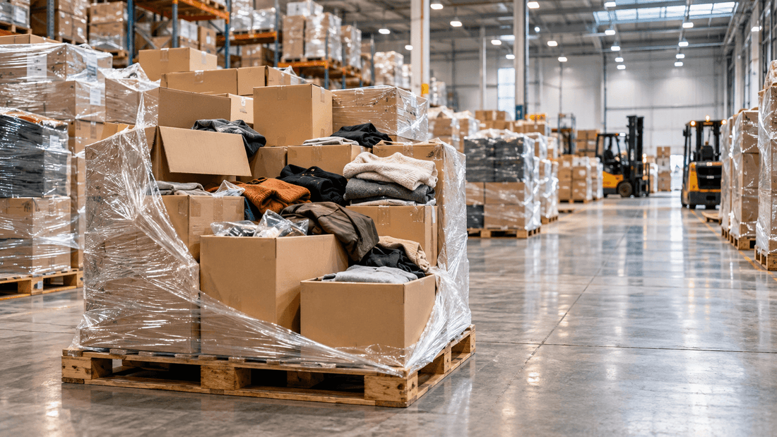 Palettes filmées chargées de cartons ouverts remplis de vêtements et de marchandises en vrac dans un grand entrepôt, avec des chariots élévateurs au fond : des palettes de déstockage d'invendus et de retours