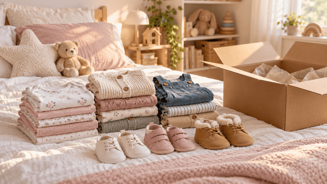 Vêtements enfant d'occasion pliés sur un lit avec petites chaussures, peluche et carton ouvert