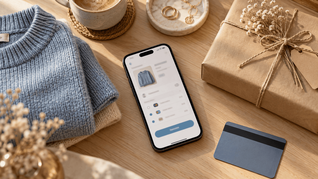 Smartphone affichant un écran de paiement Vinted à côté d'un pull plié et d'une carte bancaire