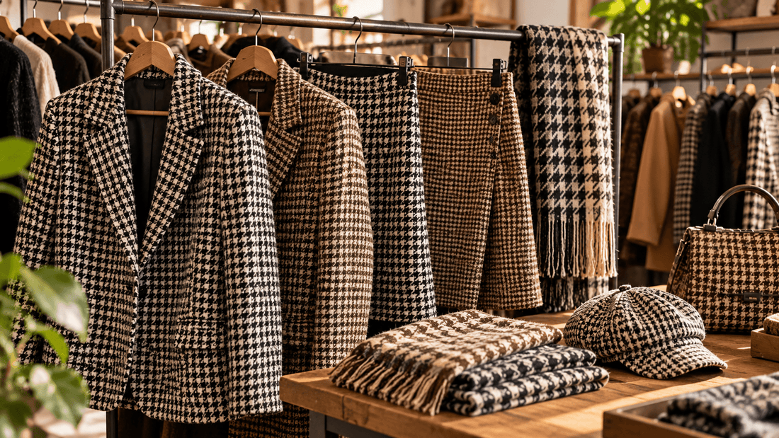 Portant de friperie avec des blazers, une jupe, une écharpe à franges et une casquette en pied-de-poule noir et blanc ou marron, à côté d'un sac pied-de-poule : des pièces vintage à ce motif