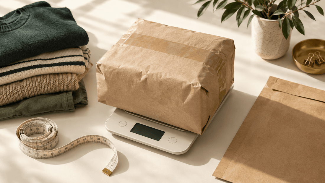 Colis de vêtements de seconde main posé sur une balance avec un mètre ruban, pour vérifier le poids avant l'envoi sur Vinted