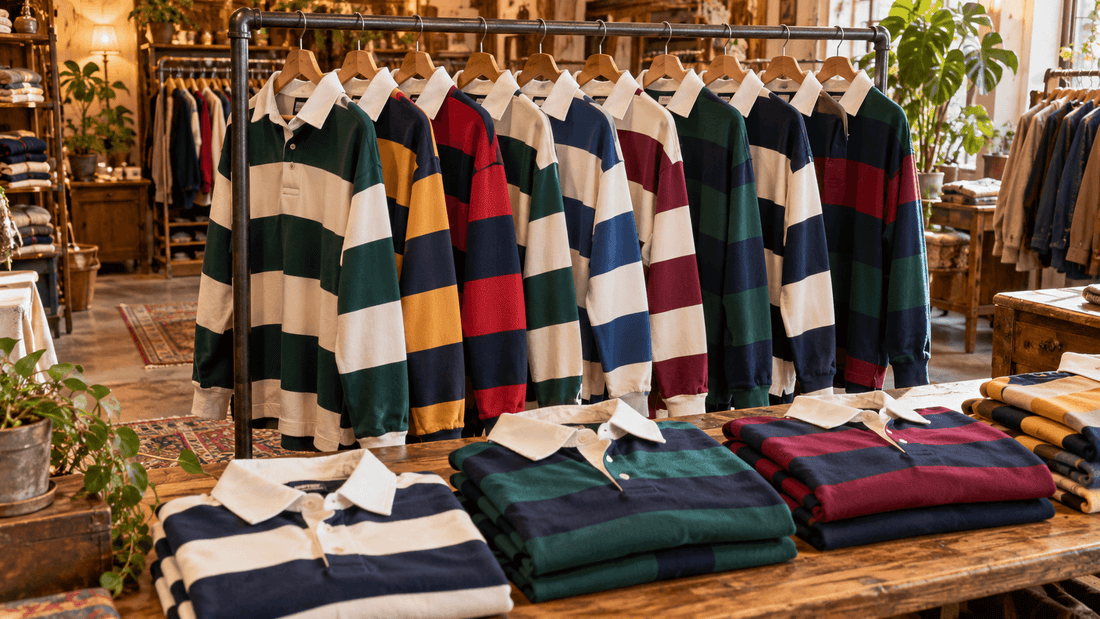 Portant de polos de rugby à larges rayures vertes, marine, bordeaux, jaunes et écrues aux cols blancs, au-dessus d'une table en bois chargée de polos pliés, dans une friperie lumineuse : des polos de rugby vintage d'occasion
