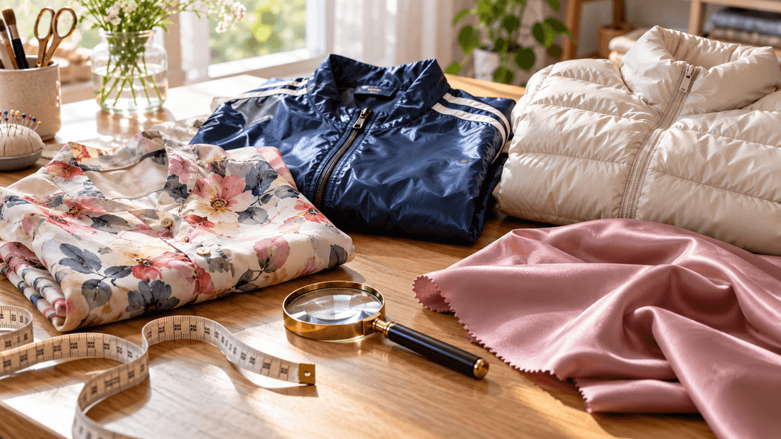 Vêtements en polyester sur une table, blouse fleurie, veste de survêtement, doudoune et satin rose