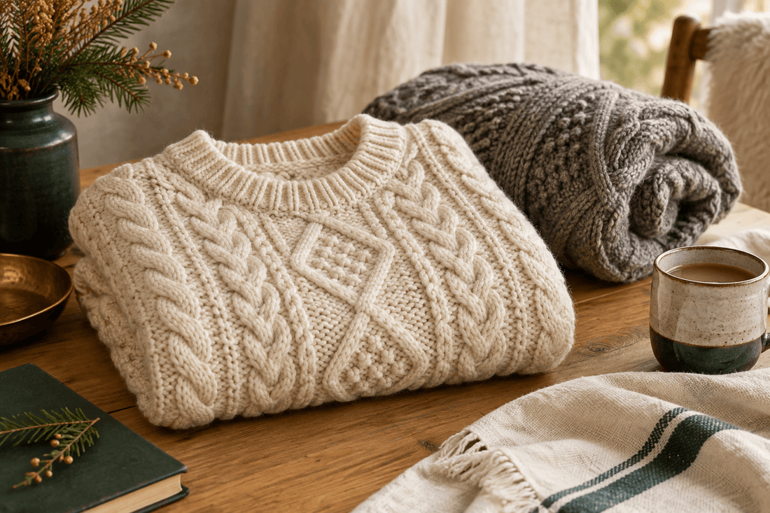 Pull irlandais Aran en laine écrue avec torsades, losanges et nid d'abeille