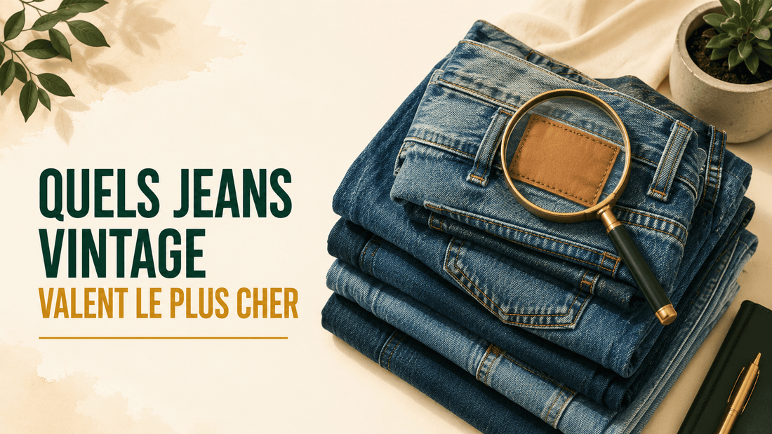 Pile de jeans vintage avec une loupe sur l'étiquette en cuir, cote en seconde main