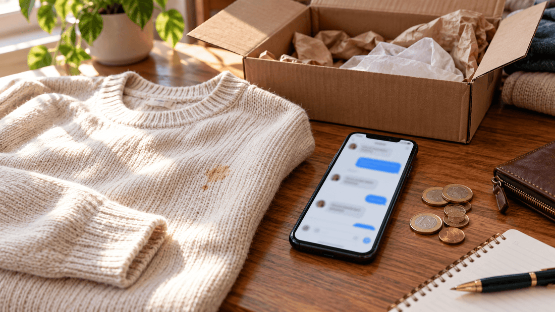 Pull crème avec un petit défaut à côté d'un smartphone et de pièces, remboursement partiel