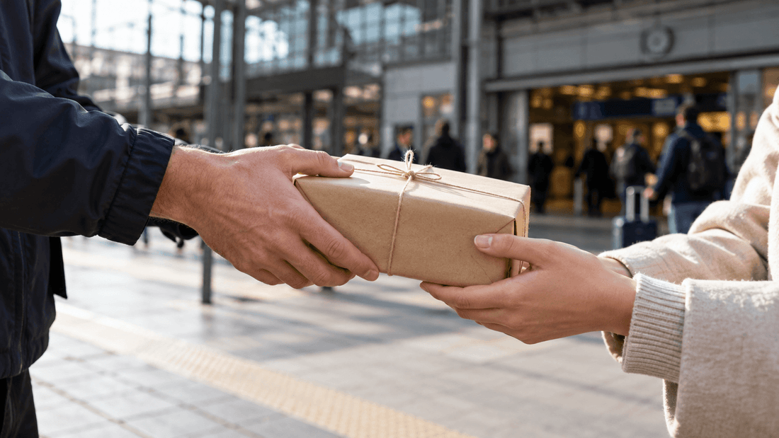 Remise en main propre d'un petit colis en papier kraft entre deux personnes sur le parvis d'une gare, un lieu public fréquenté