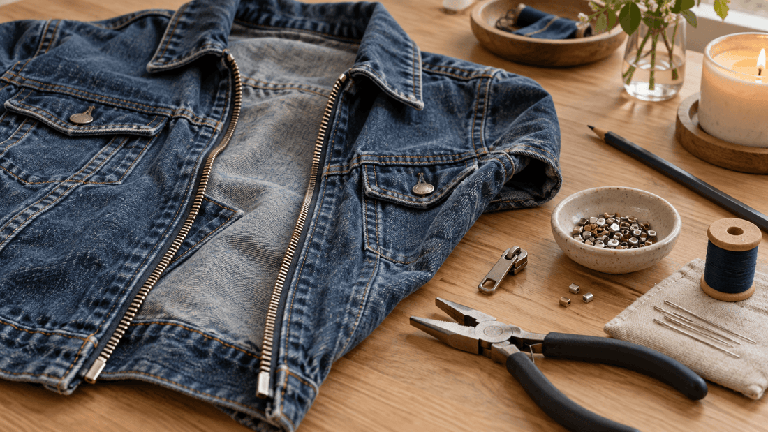 Veste en jean à fermeture éclair sur un établi avec pince, curseurs de rechange et fil