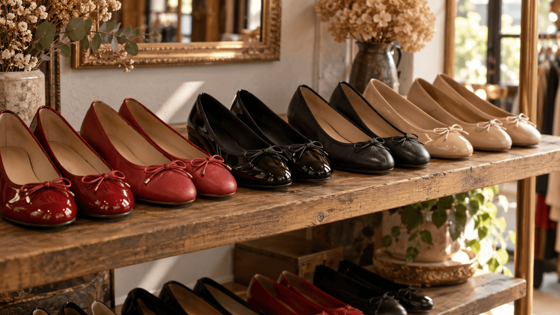 Ballerines à nœud alignées sur une étagère en bois de friperie, en cuir verni rouge, verni noir, cuir noir et cuir beige : des ballerines d'occasion prêtes à être choisies