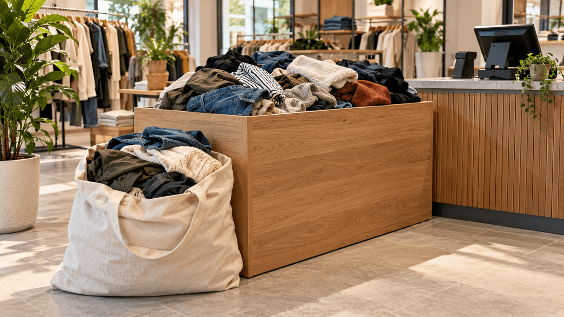 Bac de collecte en magasin rempli de vêtements usagés, pour la reprise contre bon d'achat