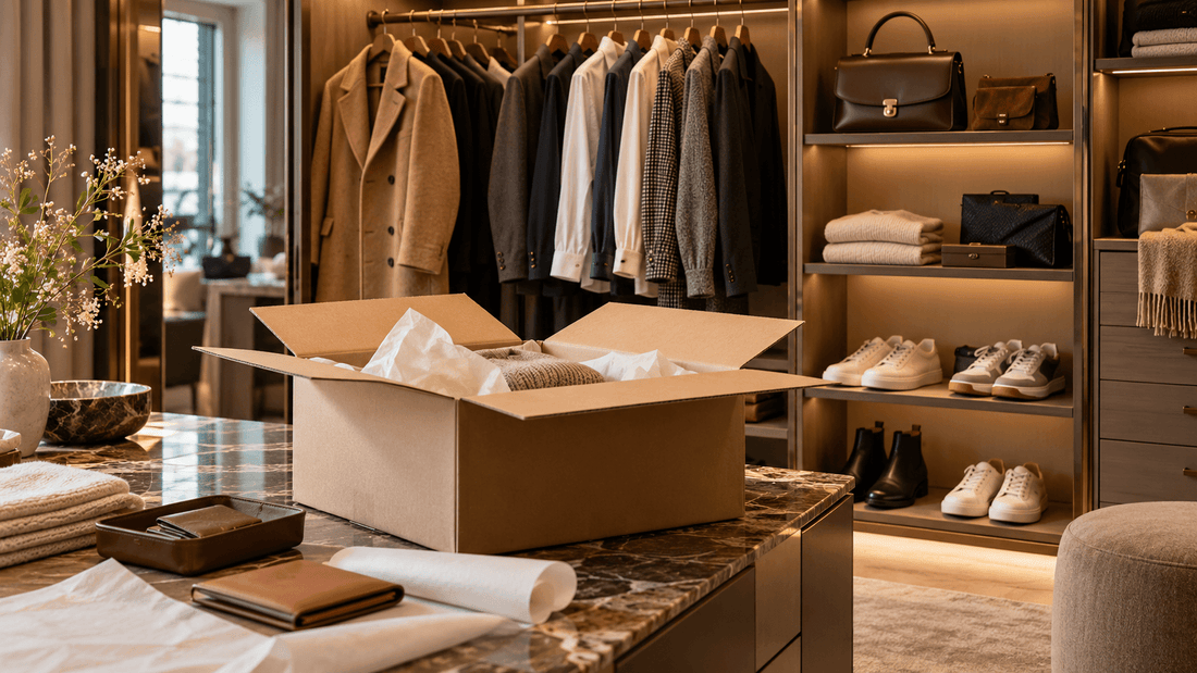 Dressing de vêtements de marque avec un carton ouvert prêt pour un dépôt-vente en ligne