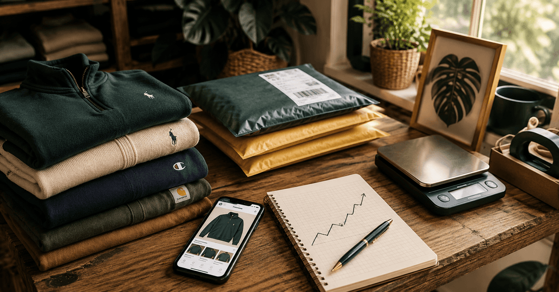 Plan de travail d'un revendeur Vinted : vêtements de seconde main triés, annonce en ligne et suivi des ventes pour l'achat revente