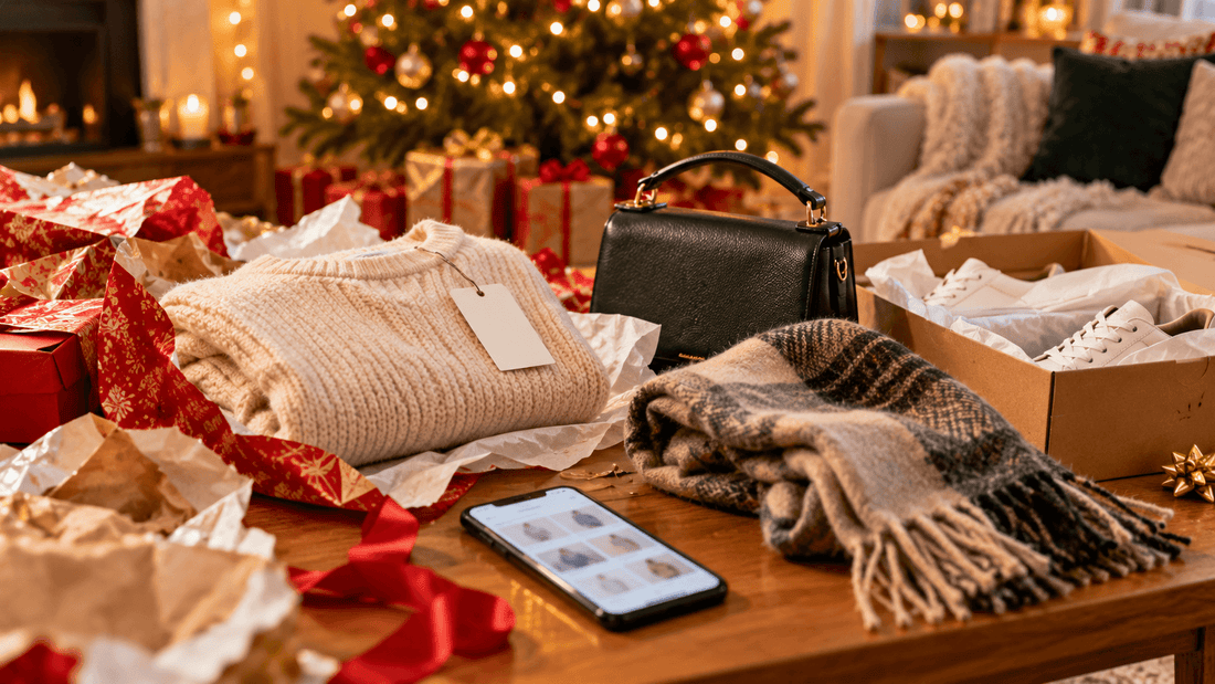Cadeaux de Noël déballés, pull avec étiquette, sac, écharpe et smartphone devant le sapin