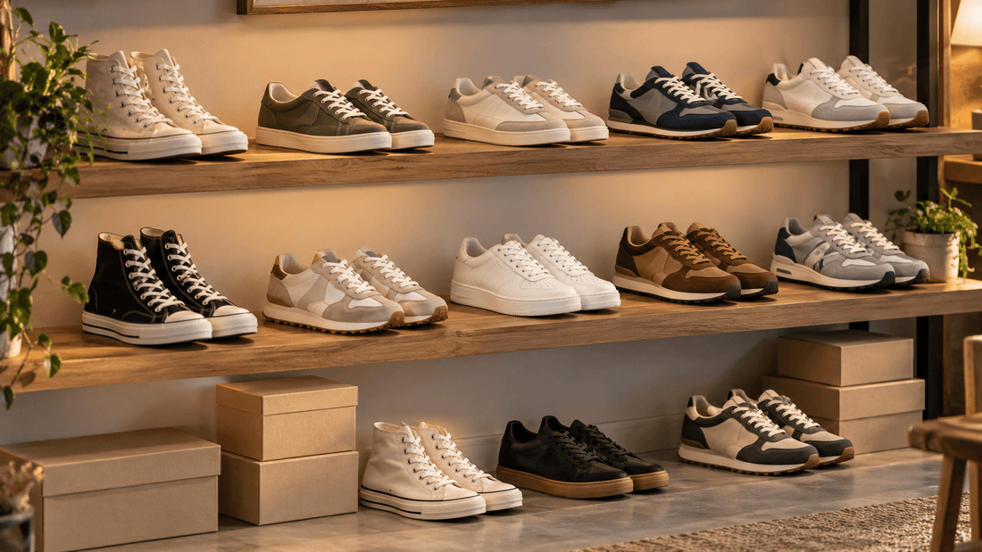 Étagères en bois garnies de sneakers d'occasion et de boîtes, avant de revendre ses sneakers