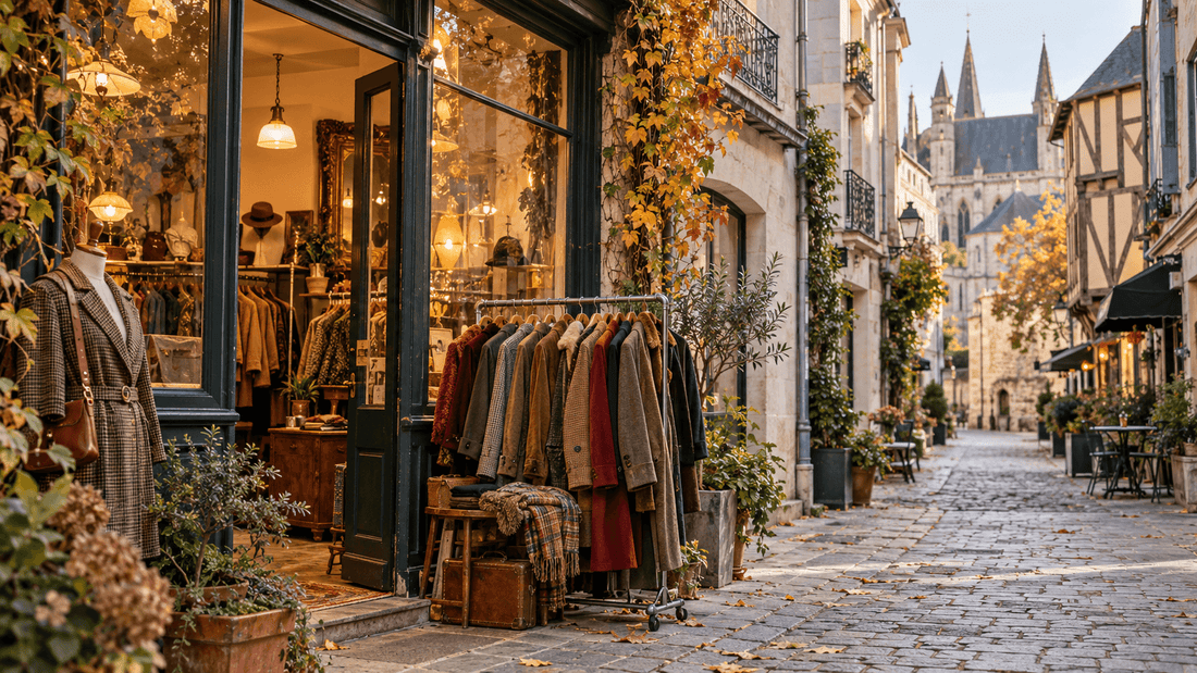Rue pavée d'un vieux quartier en pierre claire avec la vitrine d'une friperie, un portant de manteaux vintage et des flèches de cathédrale au fond : les friperies à Angers