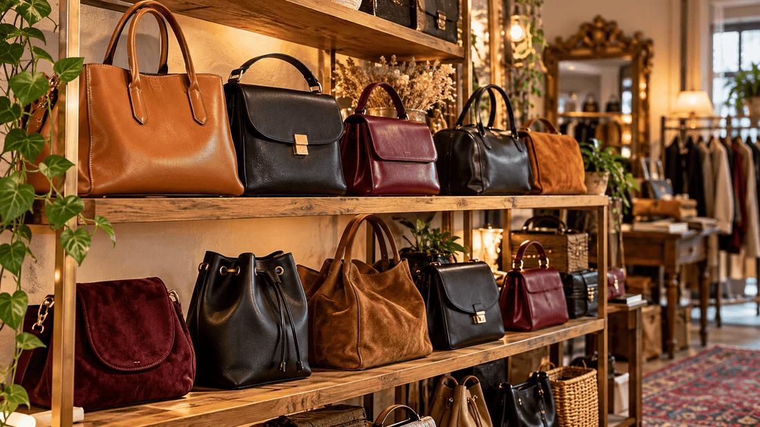 Étagères en bois d'une boutique de seconde main chargées de sacs à main en cuir lisse et en daim, camel, noirs et bordeaux, devant un miroir doré et un portant de vêtements : acheter un sac de luxe de seconde main